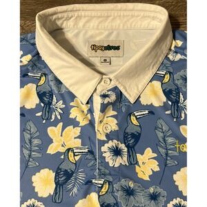 Tipsy Elves Performance Stretch Golf Polo, Blue Floral Tropical Toucan Size 2XL